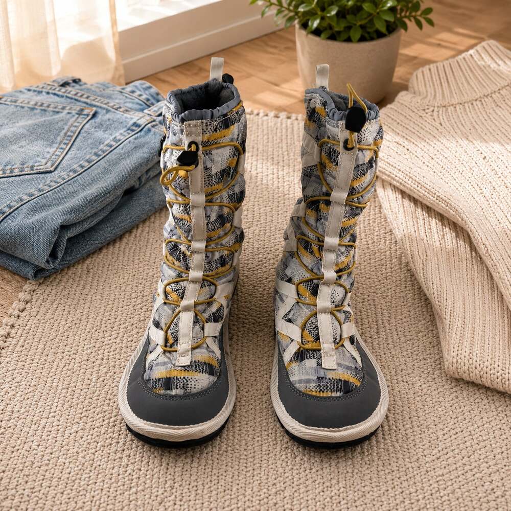 Pakems Packable Quilted Winter Boots Gray Yellow Plaid Women’s Size 7
